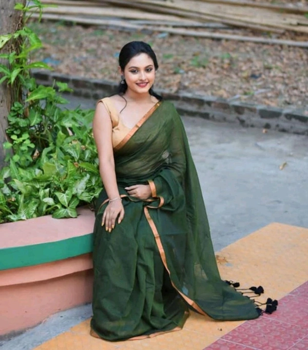 Copper Zari Border Cotton Saree  - Green, Mul Cotton