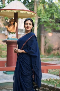 Copper Zari Border Cotton Saree  - Navy Blue, Mul Cotton