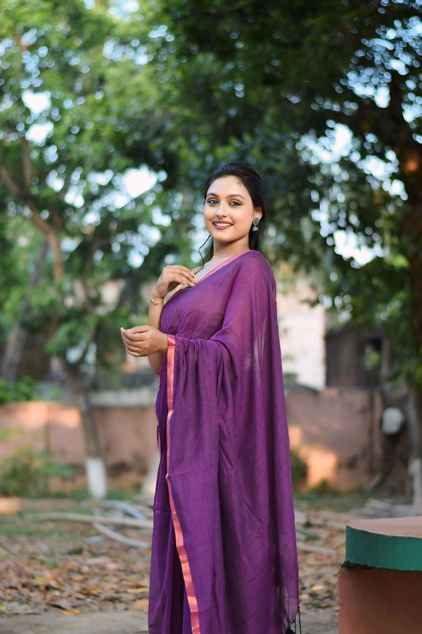 Copper Zari Border Cotton Saree  - Magenta, Mul Cotton