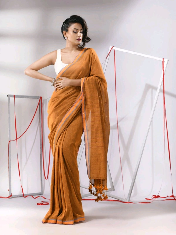 Zari Border Cotton Sequence Pallu Saree  - Tangerine