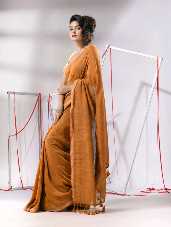 Zari Border Cotton Sequence Pallu Saree  - Tangerine