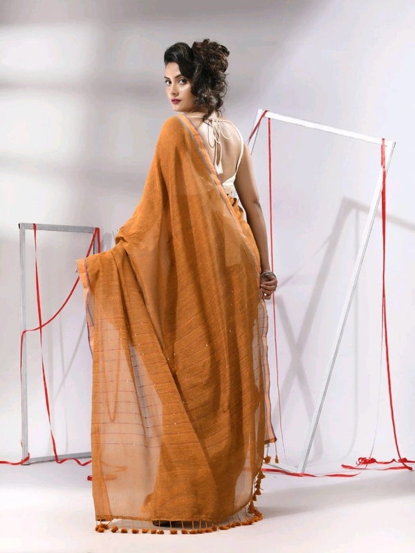 Zari Border Cotton Sequence Pallu Saree  - Tangerine