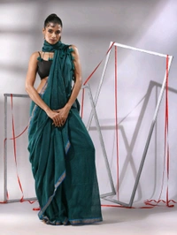 Zari Border Cotton Sequence Pallu Saree  - Teal