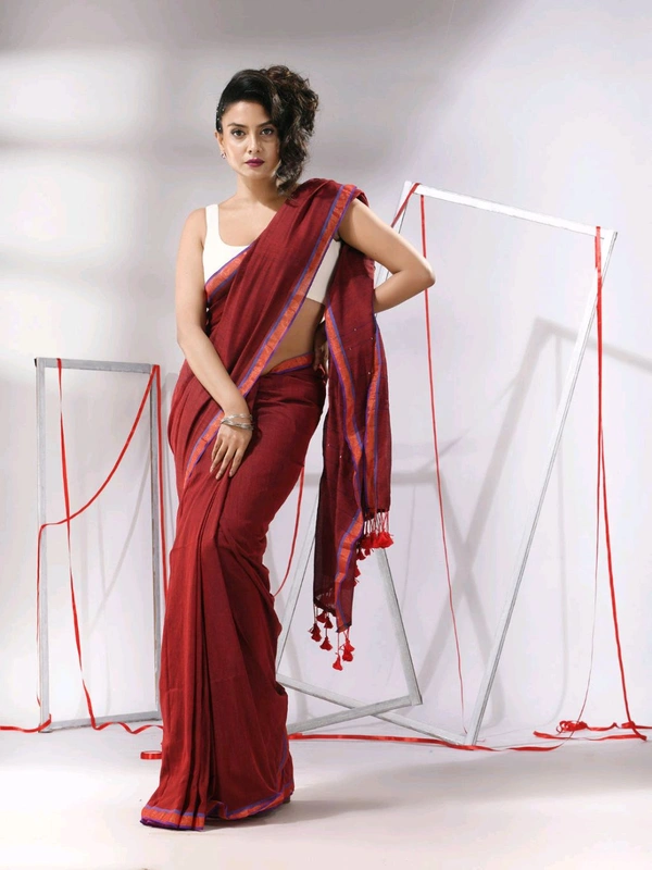 Zari Border Cotton Sequence Pallu Saree  - Red