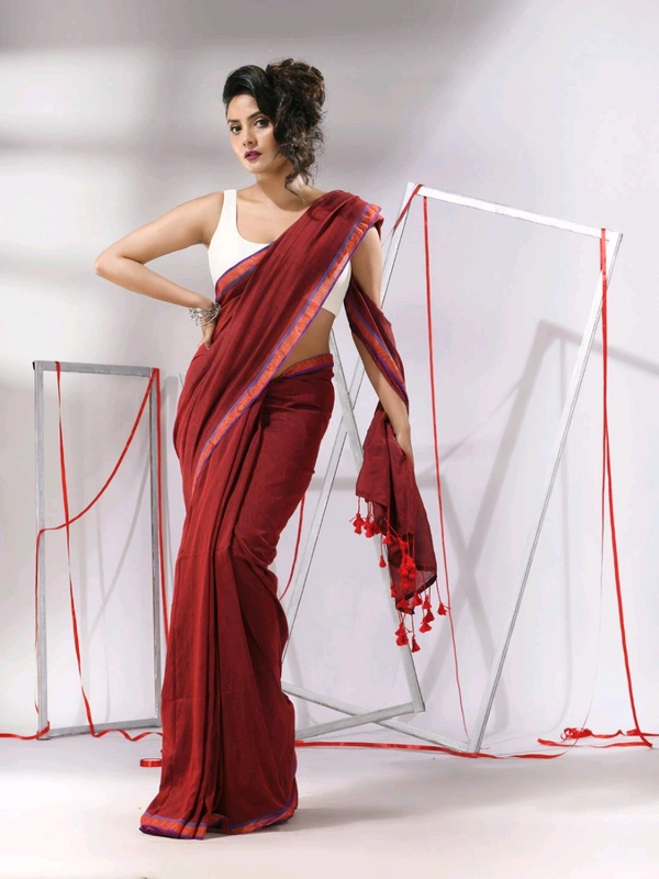 Zari Border Cotton Sequence Pallu Saree  - Red