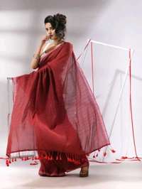Zari Border Cotton Sequence Pallu Saree  - Red