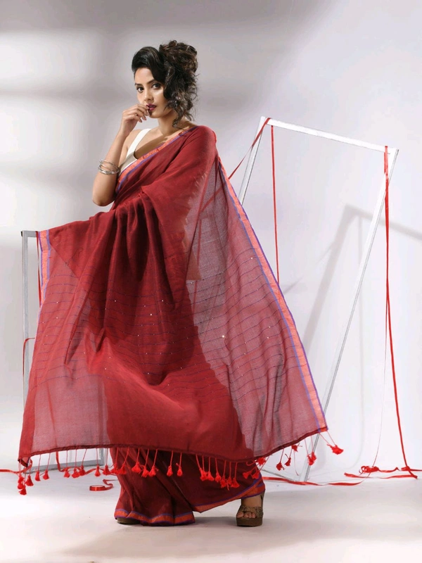 Zari Border Cotton Sequence Pallu Saree  - Red