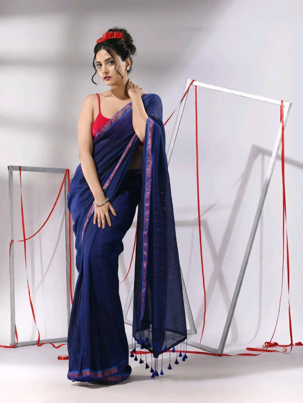 Zari Border Cotton Sequence Pallu Saree  - Navy Blue