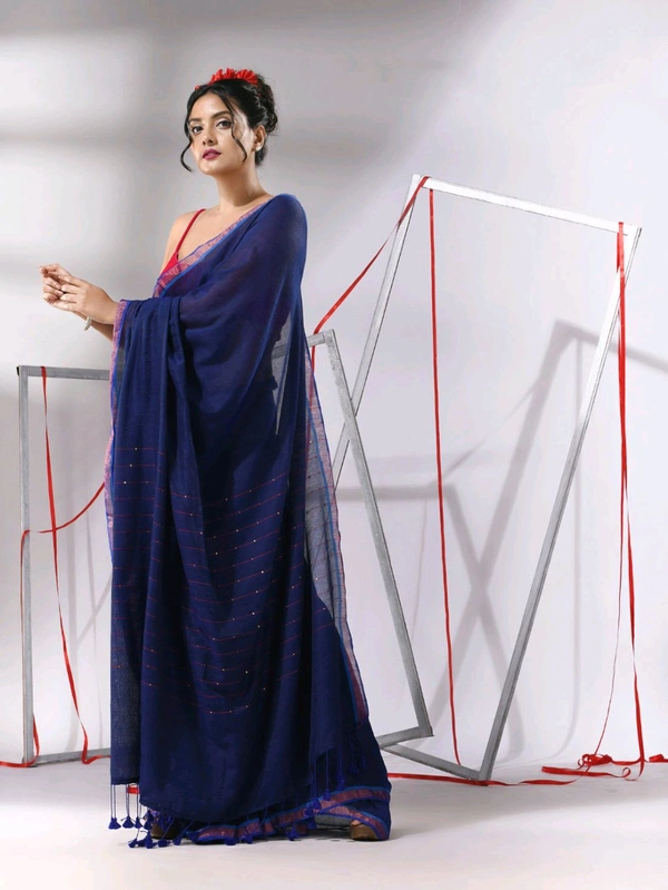 Zari Border Cotton Sequence Pallu Saree  - Navy Blue