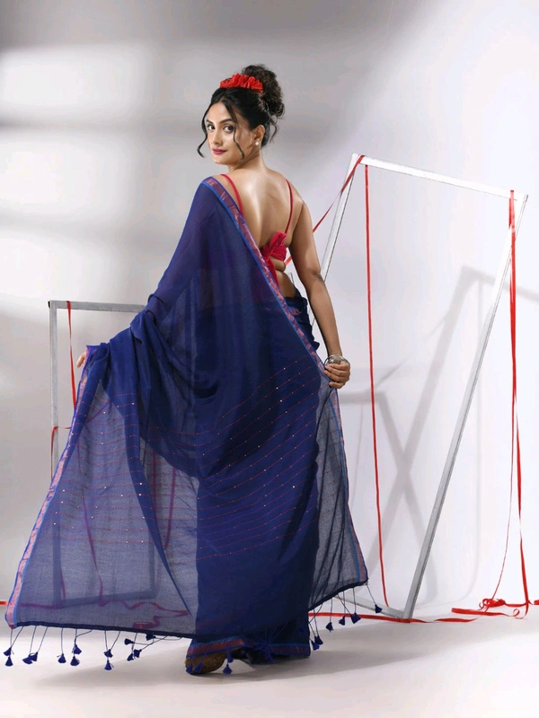 Zari Border Cotton Sequence Pallu Saree  - Navy Blue