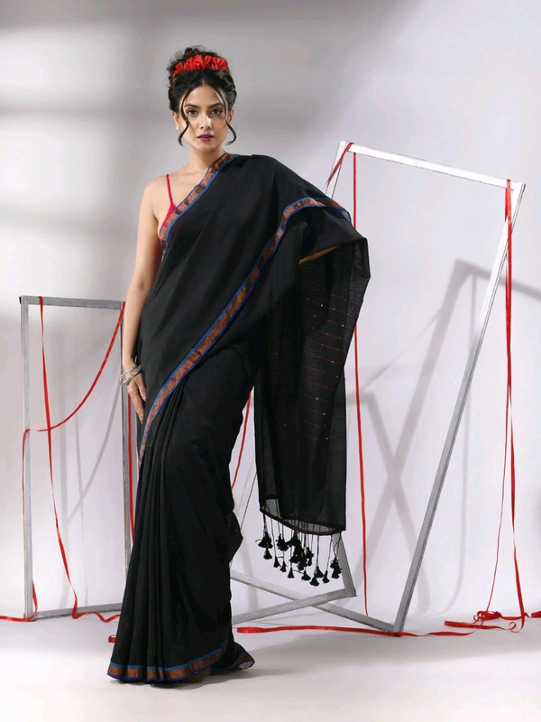 Zari Border Cotton Sequence Pallu Saree  - Black