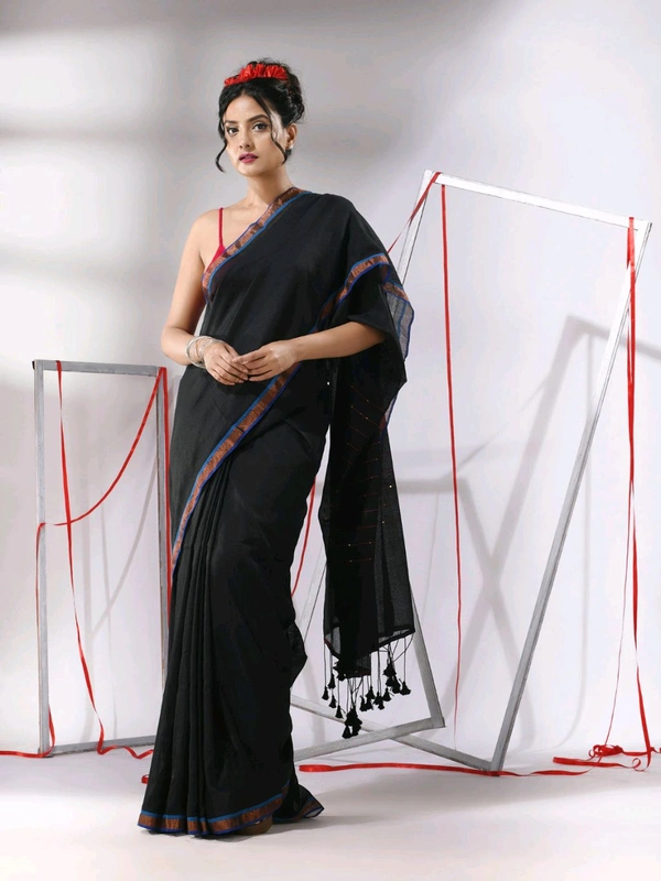 Zari Border Cotton Sequence Pallu Saree  - Black