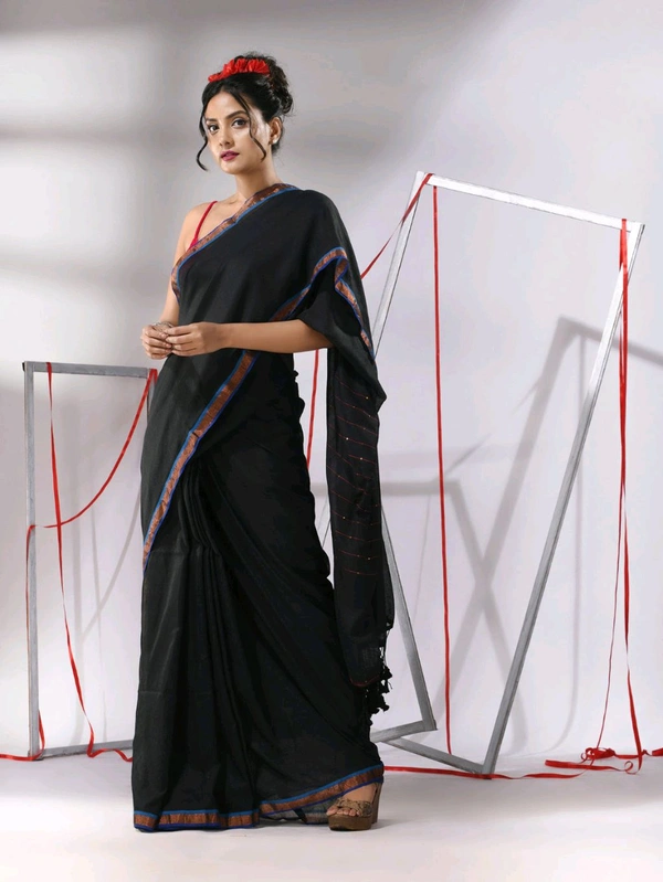 Zari Border Cotton Sequence Pallu Saree  - Black
