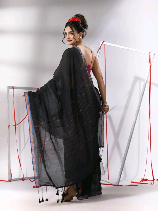 Zari Border Cotton Sequence Pallu Saree  - Black