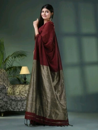 Handloom Solid Color Slab Gichha Pallu Saree - Brown