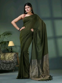 Handloom Solid Color Slab Gichha Pallu Saree - Olive