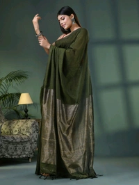 Handloom Solid Color Slab Gichha Pallu Saree - Olive