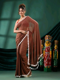 Floral Lace Border Mul Cotton Saree  - Brown
