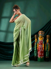Floral Lace Border Mul Cotton Saree  - Mint Green