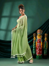 Floral Lace Border Mul Cotton Saree  - Mint Green