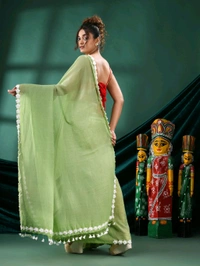 Floral Lace Border Mul Cotton Saree  - Mint Green