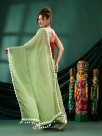 Floral Lace Border Mul Cotton Saree  - Mint Green