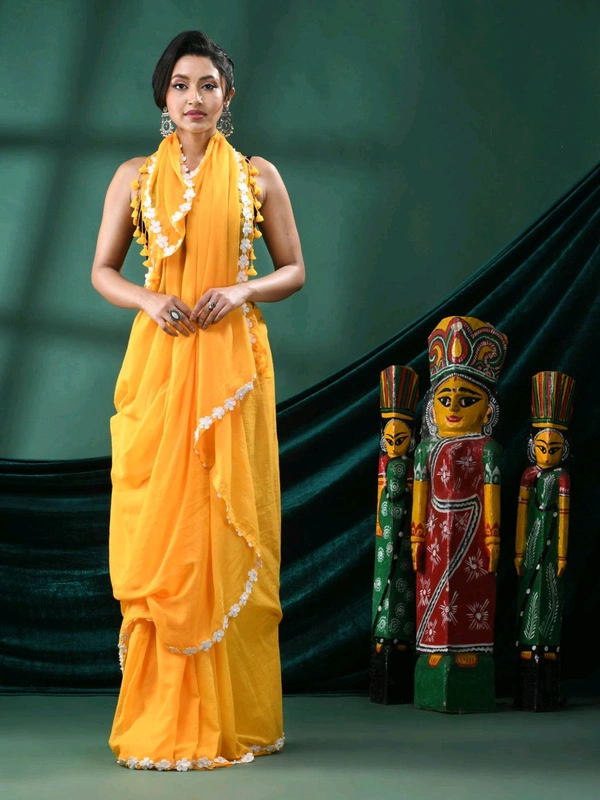 Floral Lace Border Mul Cotton Saree  - Yellow