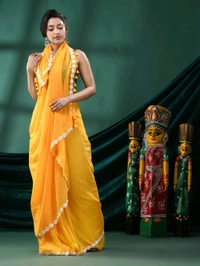 Floral Lace Border Mul Cotton Saree  - Yellow