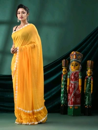 Floral Lace Border Mul Cotton Saree  - Yellow