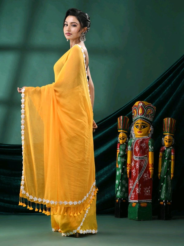 Floral Lace Border Mul Cotton Saree  - Yellow