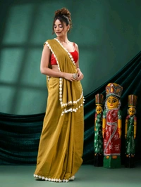 Floral Lace Border Mul Cotton Saree  - Gold