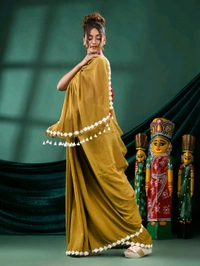 Floral Lace Border Mul Cotton Saree  - Gold