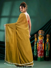 Floral Lace Border Mul Cotton Saree  - Gold