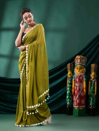 Floral Lace Border Mul Cotton Saree  - Olive