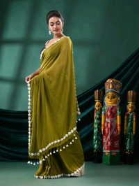 Floral Lace Border Mul Cotton Saree  - Olive