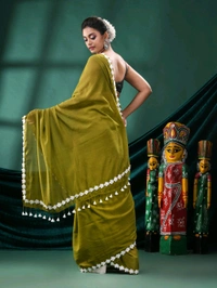 Floral Lace Border Mul Cotton Saree  - Olive