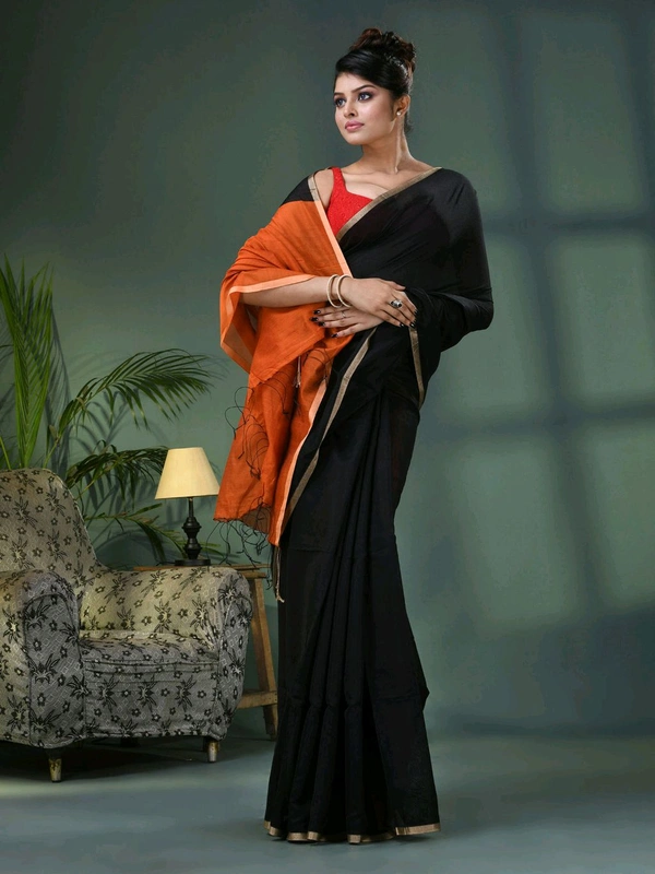 Cotton Blend Contrast Pallu Saree - Black & Orange, Cotton