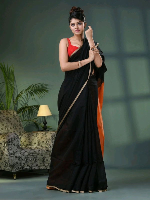 Cotton Blend Contrast Pallu Saree - Black & Orange, Cotton