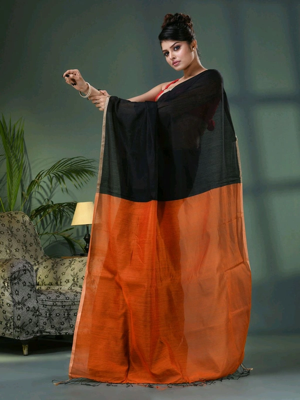 Cotton Blend Contrast Pallu Saree - Black & Orange, Cotton