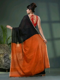 Cotton Blend Contrast Pallu Saree - Black & Orange, Cotton