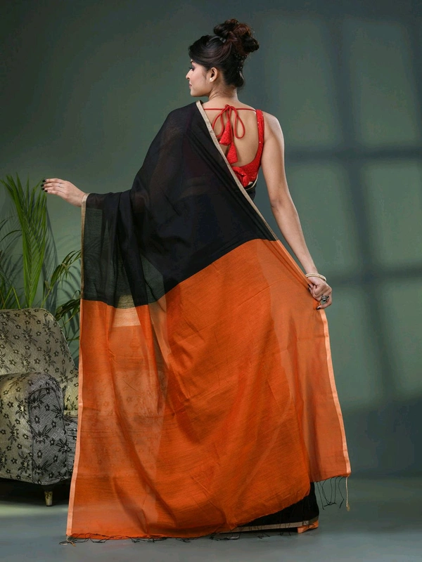 Cotton Blend Contrast Pallu Saree - Black & Orange, Cotton