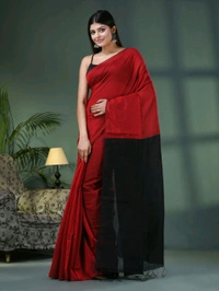 Cotton Blend Contrast Pallu Saree - Red & Black, Cotton