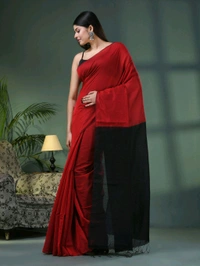 Cotton Blend Contrast Pallu Saree - Red & Black, Cotton