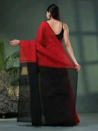 Cotton Blend Contrast Pallu Saree - Red & Black, Cotton
