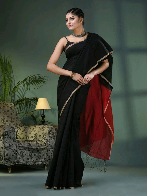 Cotton Blend Contrast Pallu Saree - Black & Red, Cotton