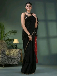 Cotton Blend Contrast Pallu Saree - Black & Red, Cotton