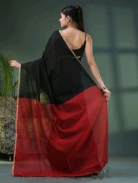 Cotton Blend Contrast Pallu Saree - Black & Red, Cotton
