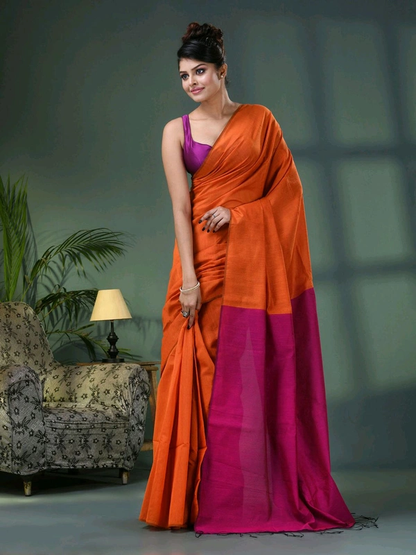 Cotton Blend Contrast Pallu Saree - Orange & Magenta, Cotton