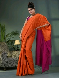 Cotton Blend Contrast Pallu Saree - Orange & Magenta, Cotton