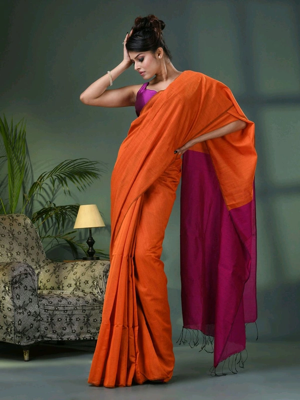 Cotton Blend Contrast Pallu Saree - Orange & Magenta, Cotton